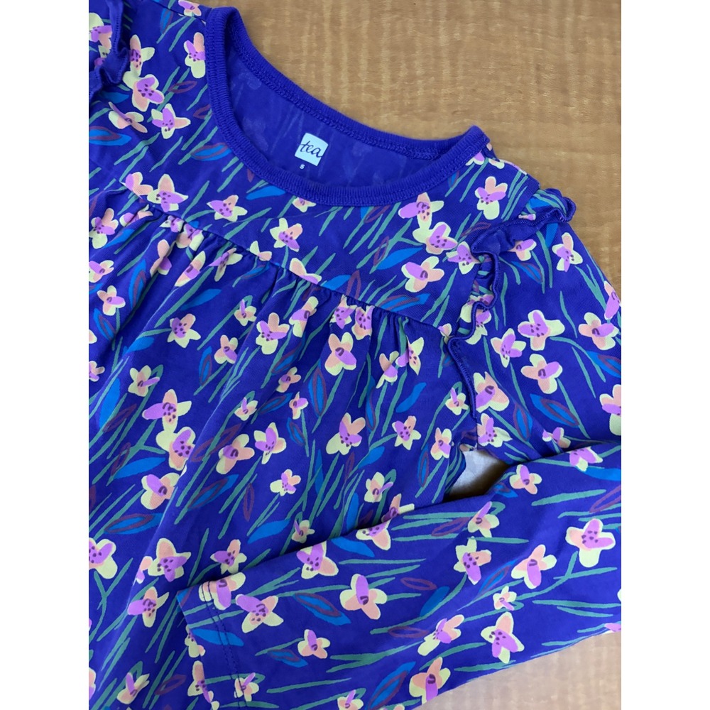 Tea Collection Girls Purple Floral Long Sleeve Ruffle Cotton Dress Size 5